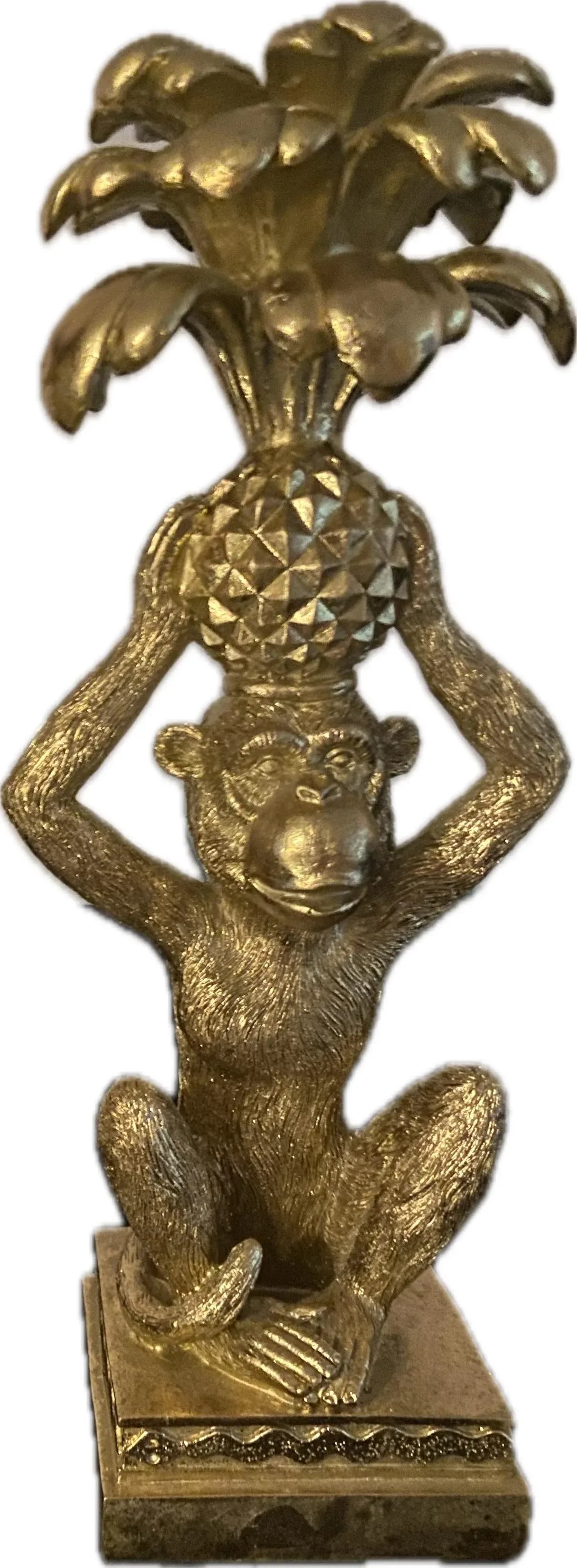 Gold Monkeys Sitting With Pineapples Candle Holders - a Pair - 2