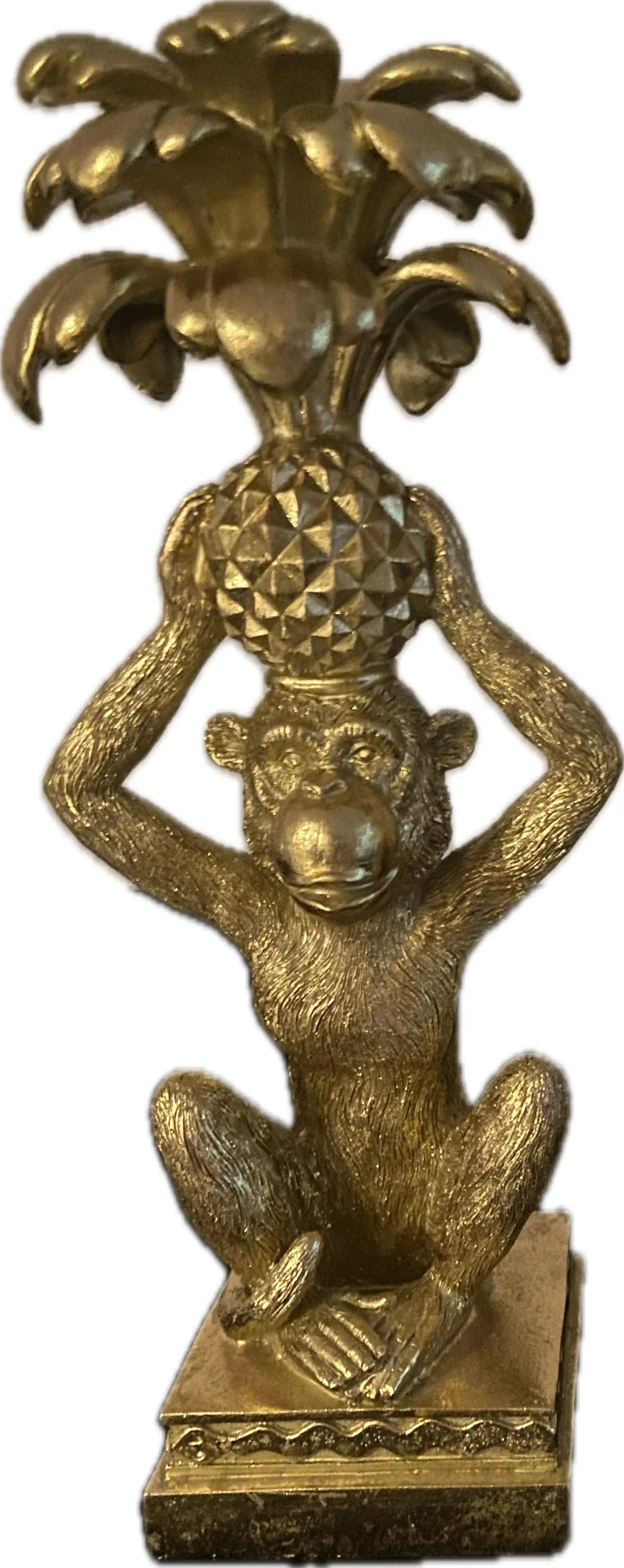 Gold Monkeys Sitting With Pineapples Candle Holders - a Pair - 3