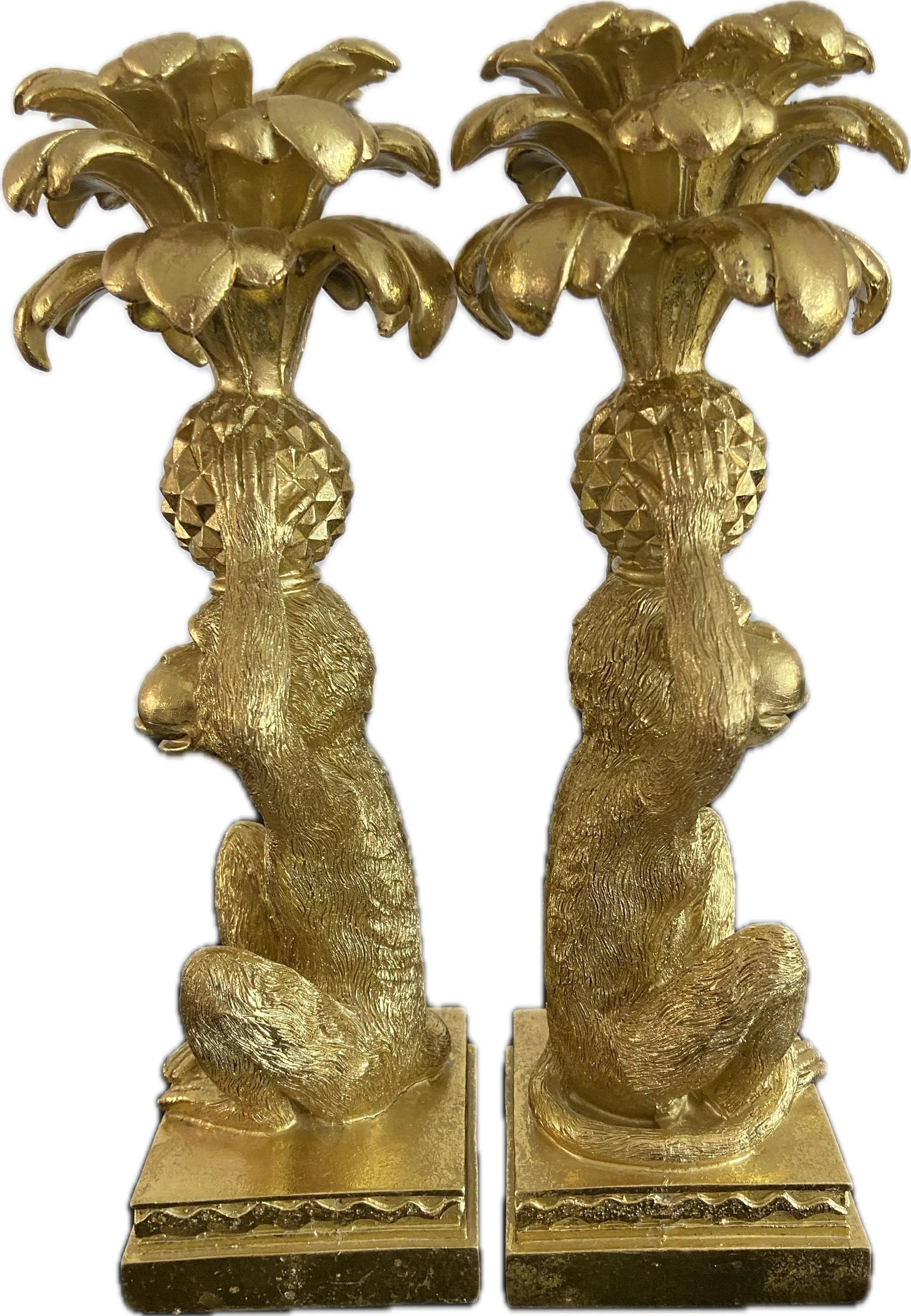Gold Monkeys Sitting With Pineapples Candle Holders - a Pair - 4