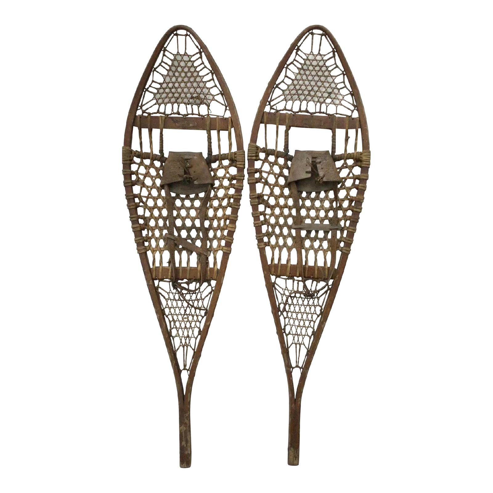Vintage LL Bean Snowshoes With Original Labels Leather Bindings, Pair: Wonderful hard to find vintage pair of LL Bean snowshoes with original labels for "The Maine Showshoe" Freeport, ME and leather bindings. Showshoes have wear, discolorations, scratches, chips.