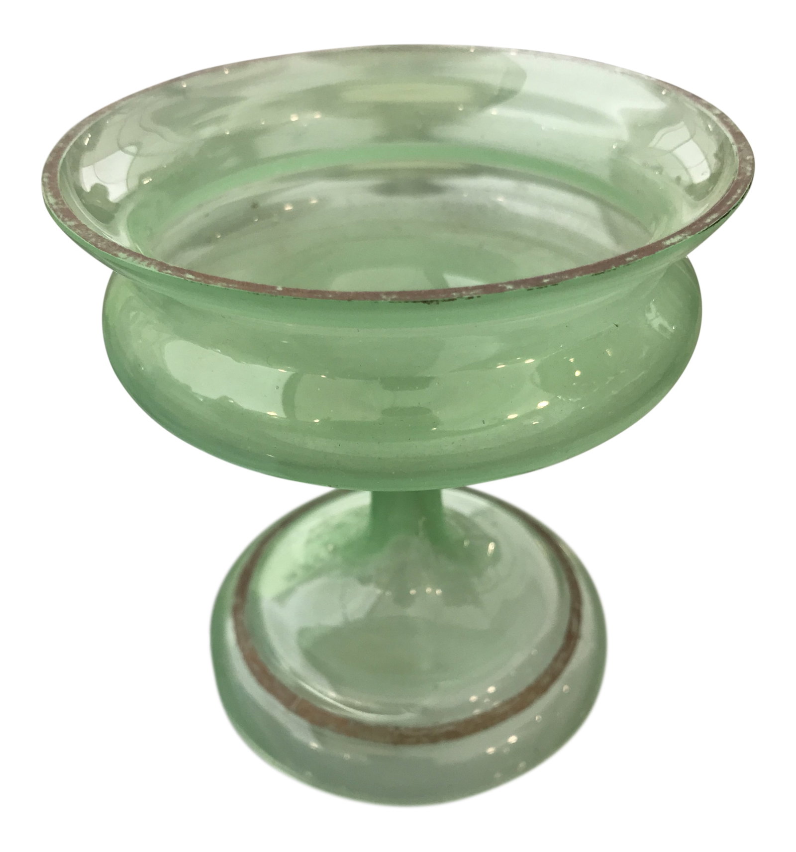 Early 20th Century Antique Green Opaline Footed Dish: Delicate translucent mint green 4" French opaline footed dish. The piece dates back to the early 20th century. Condition: Alterations: Original Condition Unaltered Imperfections: Some Imperfections