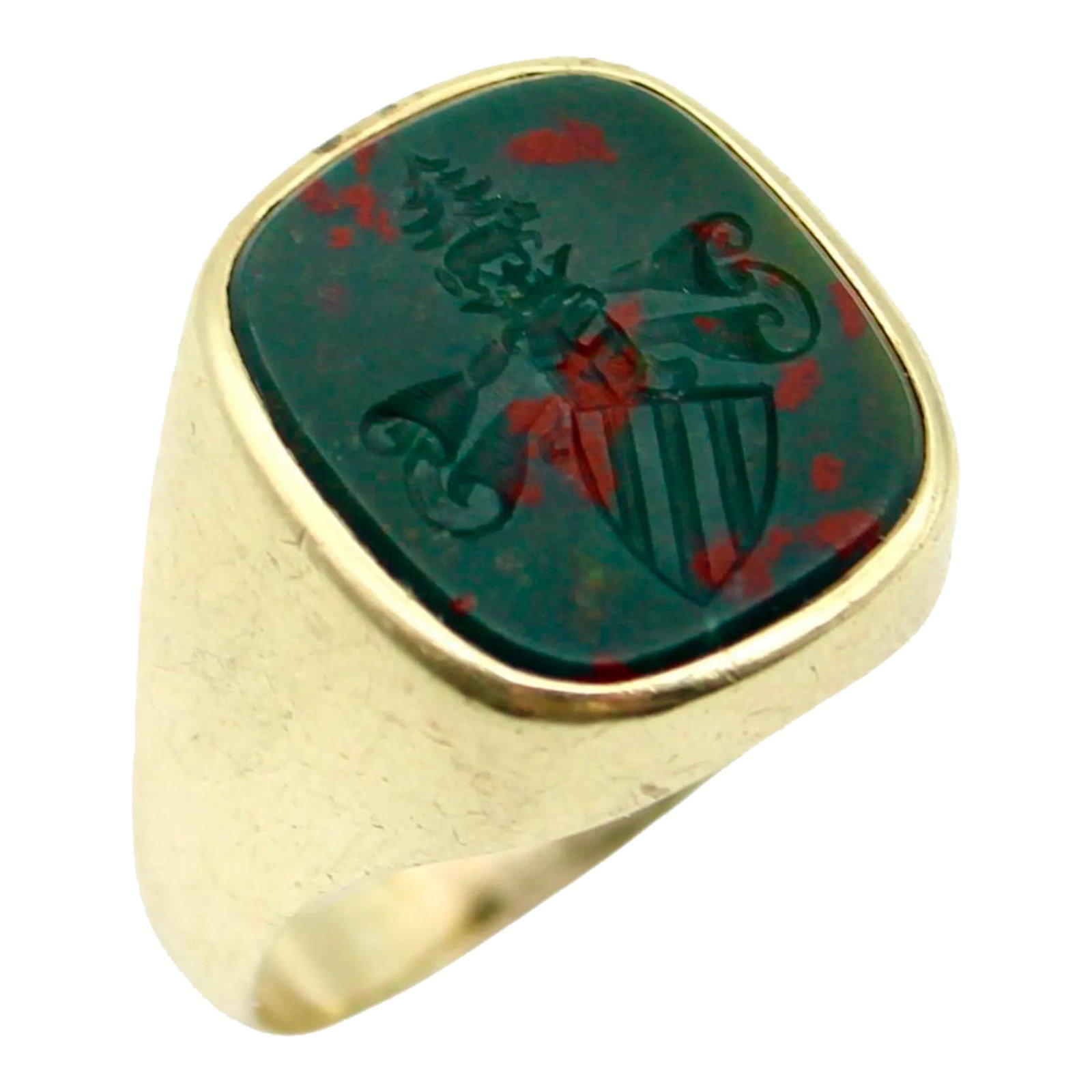 14K Gold Bloodstone Edwardian Intaglio Signet Ring Size 10.25: This is part of Chairish's Fine Jewelry assortment. This 14k gold Edwardian intaglio signet ring contains an esoteric image-a unique family crest with mysterious imagery. Carved into bloodstone, a