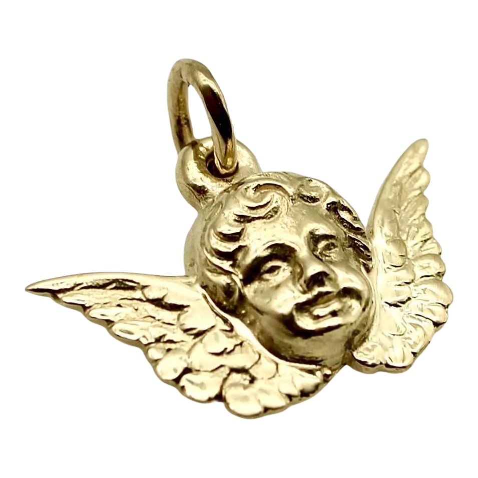 14K Gold Winged Cherub Charm or Pendant: This is part of Chairish's Fine Jewelry assortment. This winged cherub face stole our heart at Kirsten's Corner and had to become a signature piece. It is a Victorian inspired little putti, made of