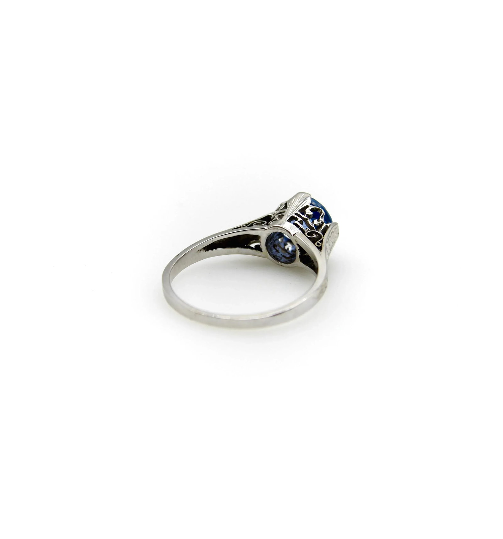 14k White Gold Art Deco Natural Blue Sapphire Filigree Ring Size 4.5 - 6