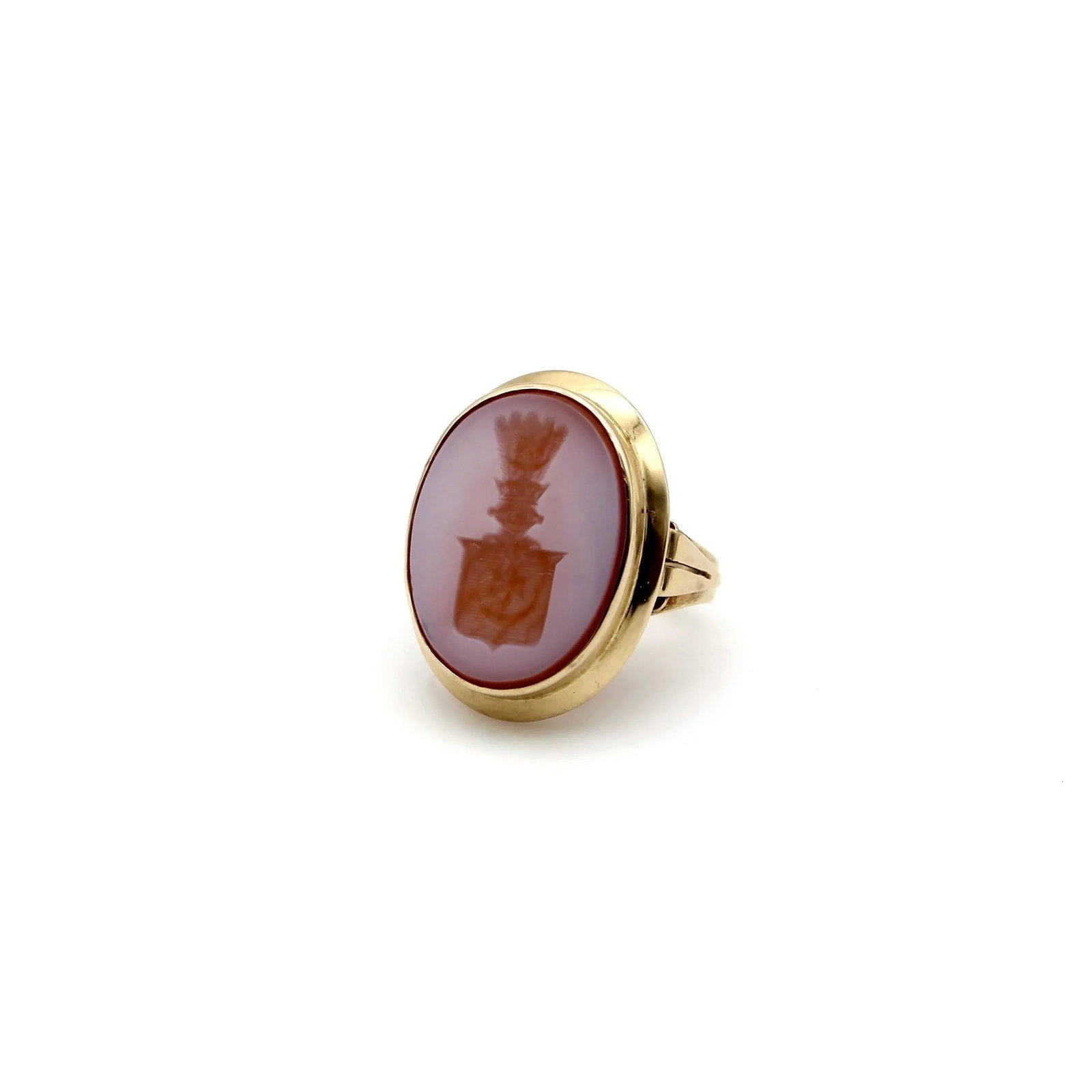 Victorian 14k Gold Banded Agate Intaglio Signet Ring with Shield Size 7.5 - 7