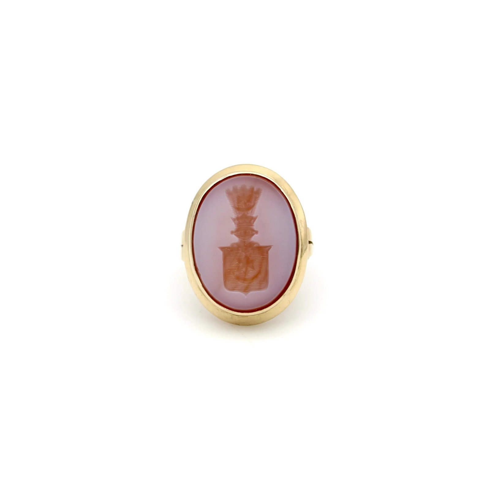 Victorian 14k Gold Banded Agate Intaglio Signet Ring with Shield Size 7.5 - 8