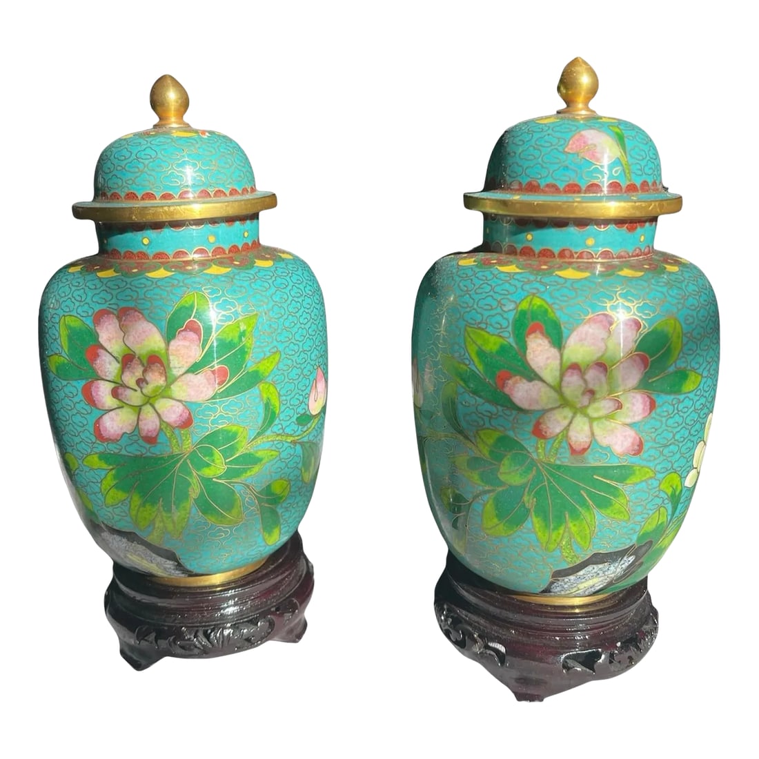 1950s Chinese Cloisonnsqrt(C) Urns on Pedestals - a Pair: Gorgeous set of cloisonne Ginger Jars with teal & pink colors on rosewood bases. 8" tall on stands. Condition: Alterations: Original Condition Unaltered Imperfections: Some Imperfections Condition Not