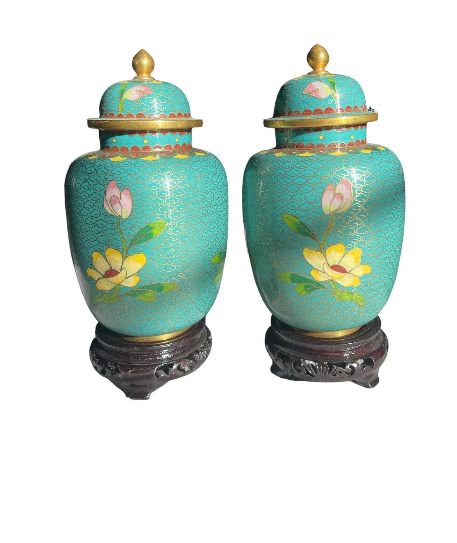 1950s Chinese Cloisonnsqrt(C) Urns on Pedestals - a Pair - 2