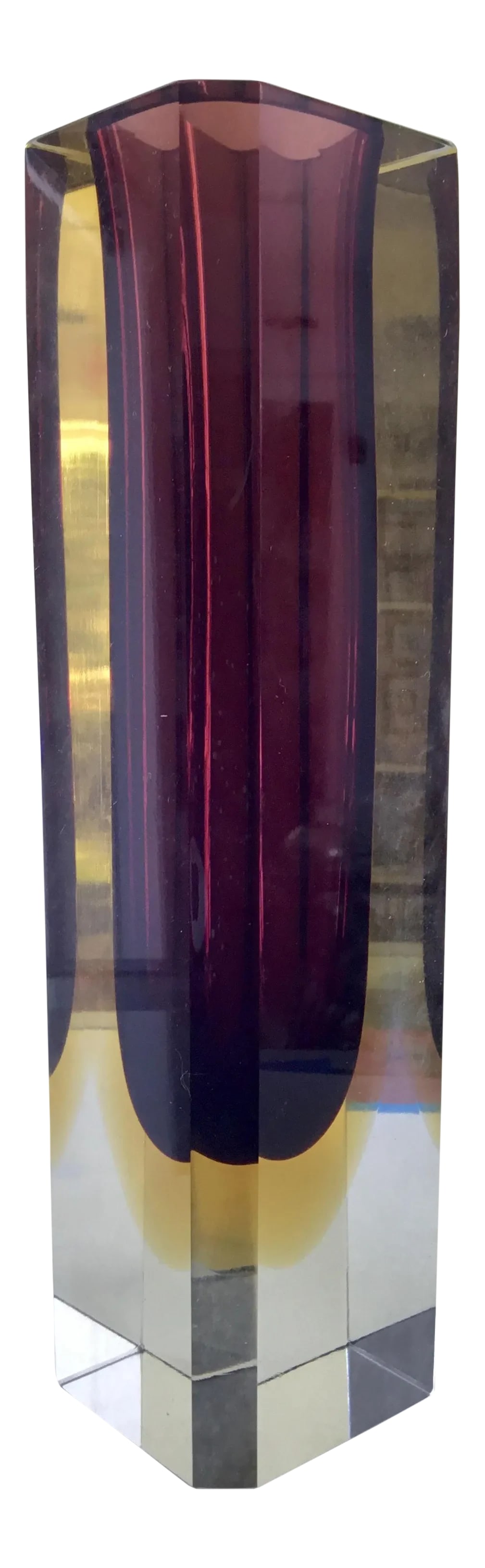 1980s Vintage Murano Glass Vase: Beautiful very heavy hand blown Murano glass vase in clear, umber and purple. One cut and polished corner creates a great optical effect. Condition: Alterations: Original Condition Unaltered