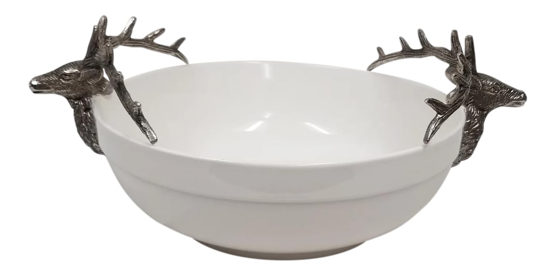 White Bowl With Deer Antler Handles: White Bowl With Deer Antler Handles. Great bowl for display or serving. Great gift for the hunter or outdoors person. Measurements: Bowl =12" diameter. From antler to antler = 18". Condition: