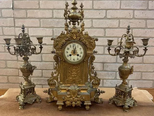 Antique Art Nouveau Mantle Clock and Candelabras - Garniture Set - 2