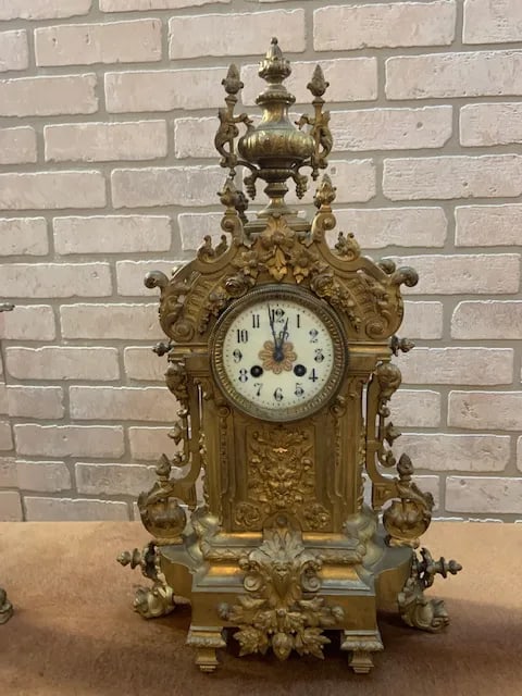 Antique Art Nouveau Mantle Clock and Candelabras - Garniture Set - 3