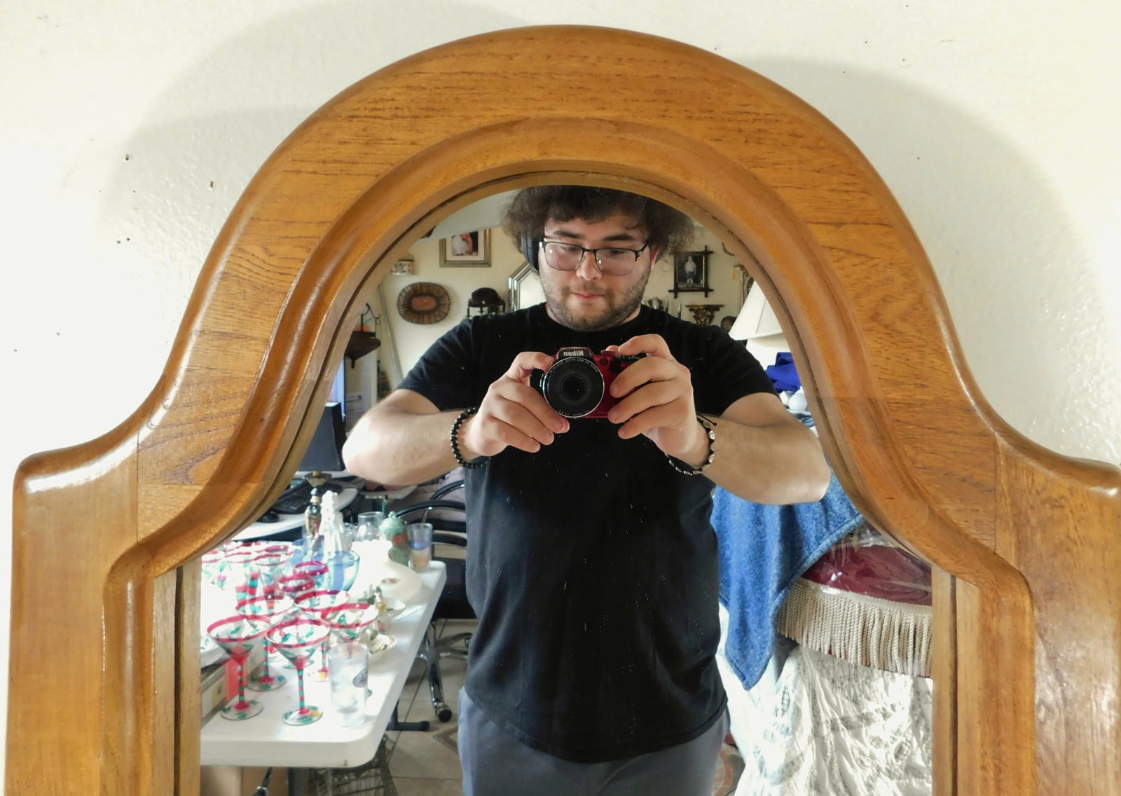Vintage Mid Century Solid Oak Wood Arched Hanging Wall Mirror - 3
