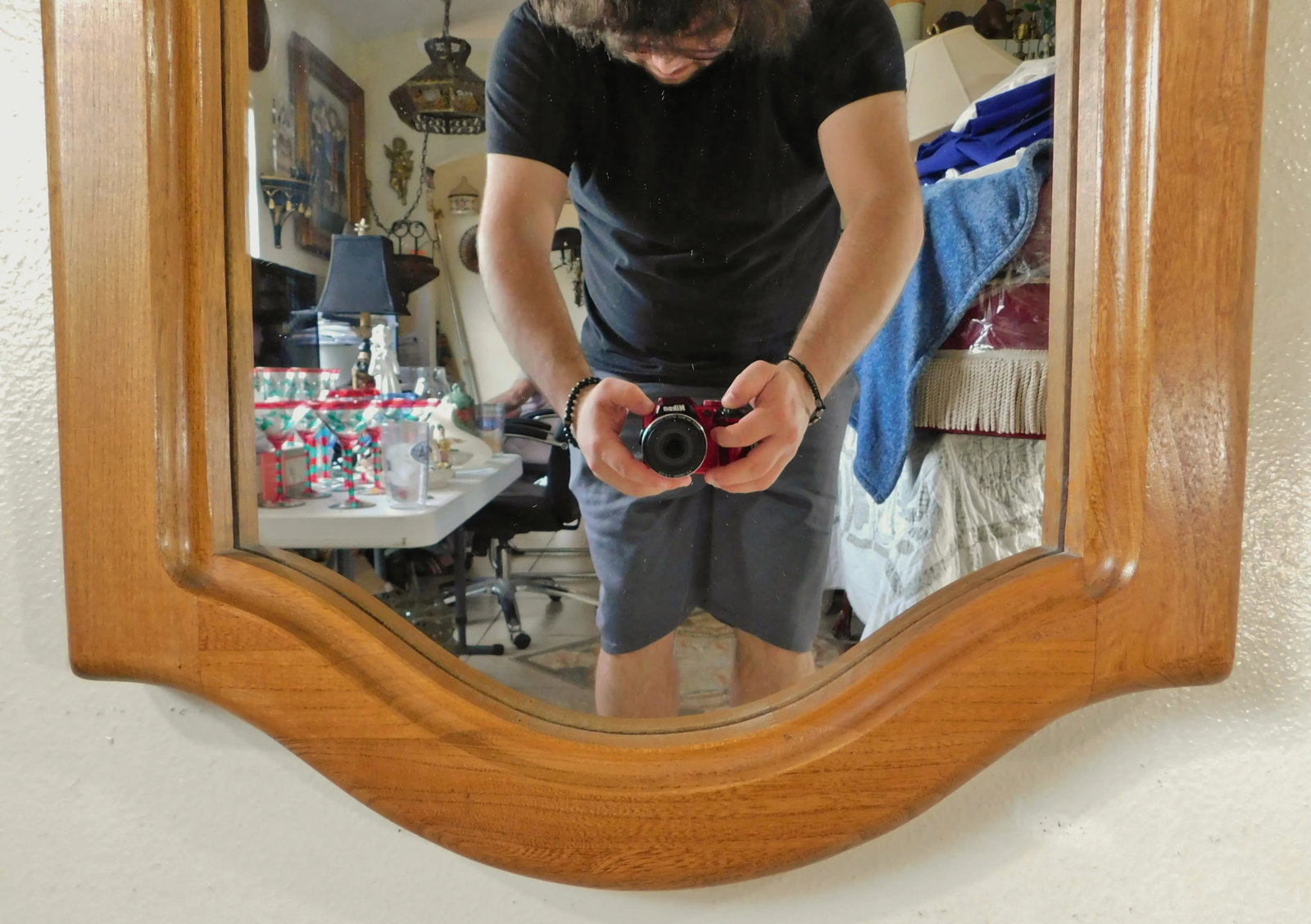 Vintage Mid Century Solid Oak Wood Arched Hanging Wall Mirror - 5