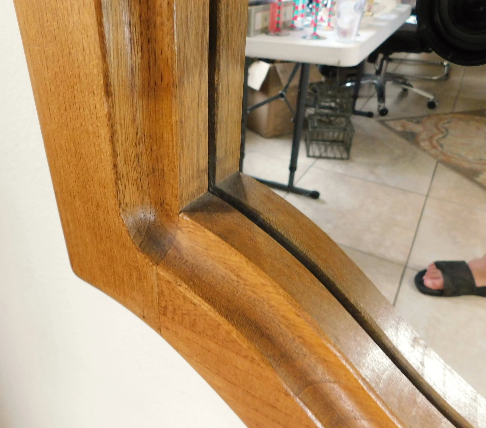 Vintage Mid Century Solid Oak Wood Arched Hanging Wall Mirror - 6