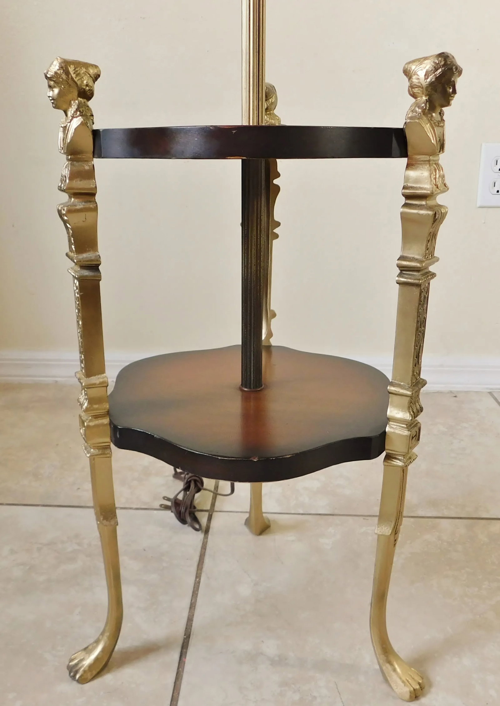 Vintage Mid Century Solid Brass Figural Woman Claw Foot Mahogany Wood Floor Lamp Table - 10