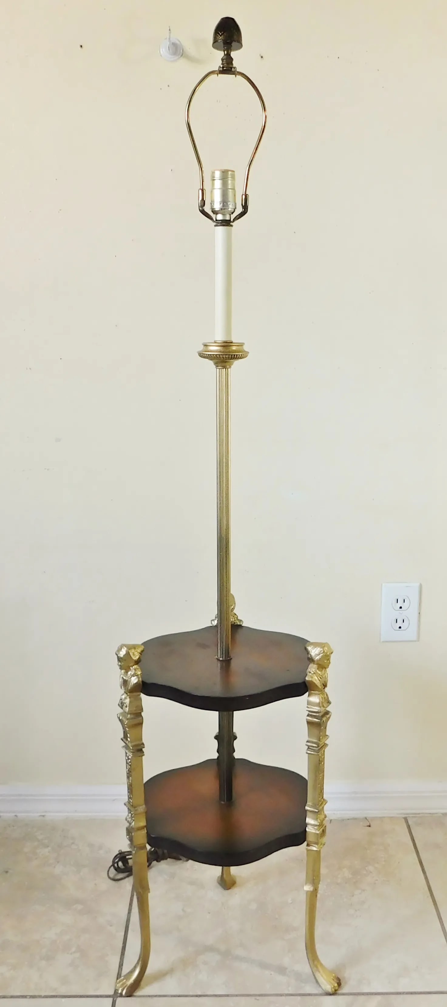 Vintage Mid Century Solid Brass Figural Woman Claw Foot Mahogany Wood Floor Lamp Table - 11