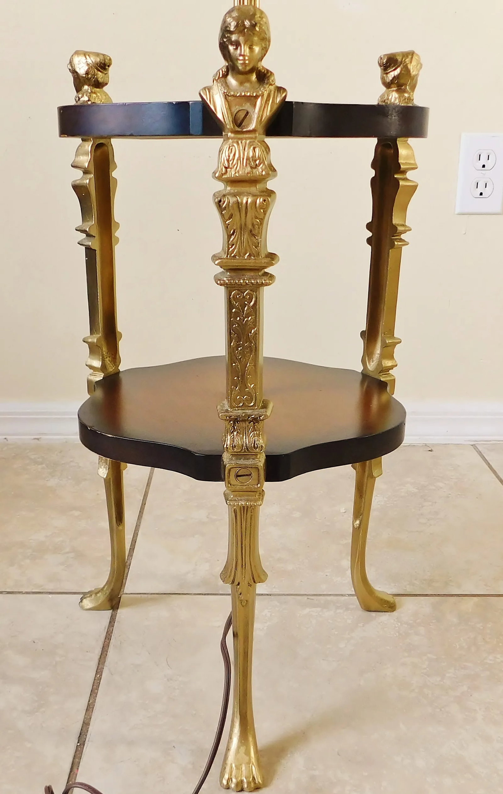 Vintage Mid Century Solid Brass Figural Woman Claw Foot Mahogany Wood Floor Lamp Table - 2