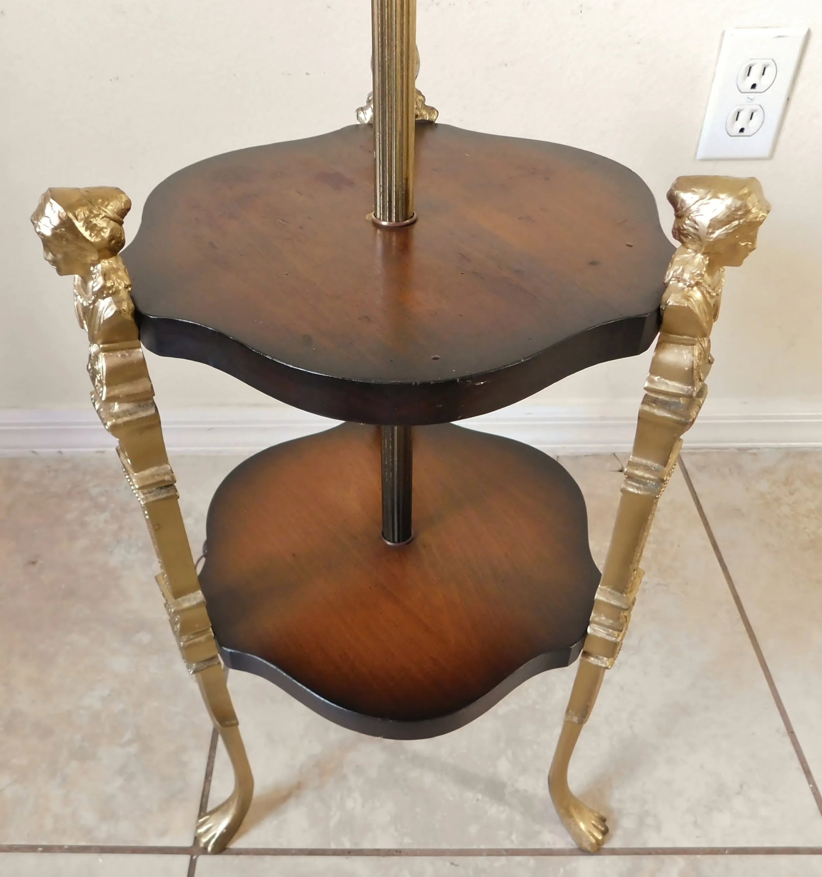 Vintage Mid Century Solid Brass Figural Woman Claw Foot Mahogany Wood Floor Lamp Table - 4