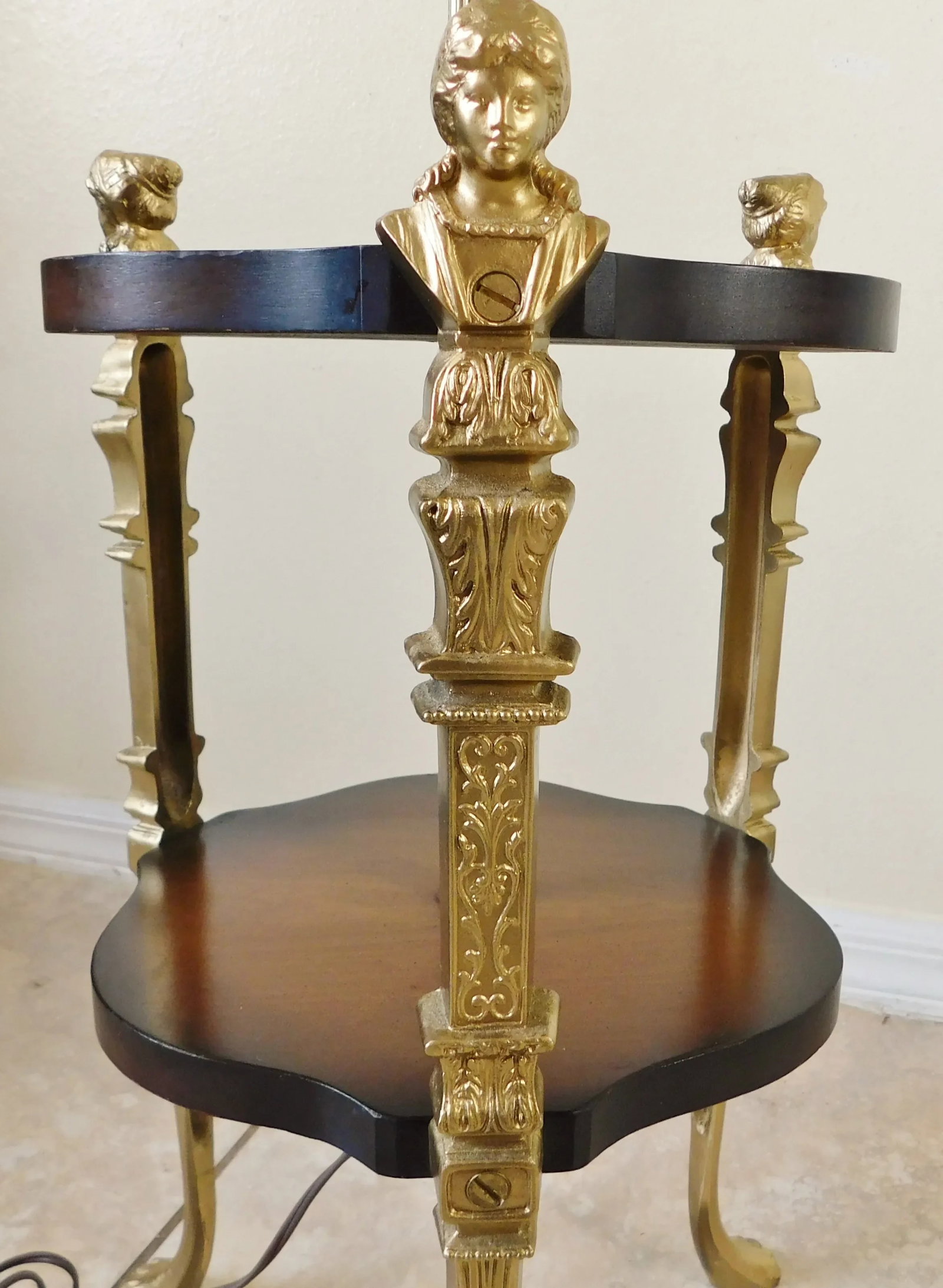 Vintage Mid Century Solid Brass Figural Woman Claw Foot Mahogany Wood Floor Lamp Table - 5