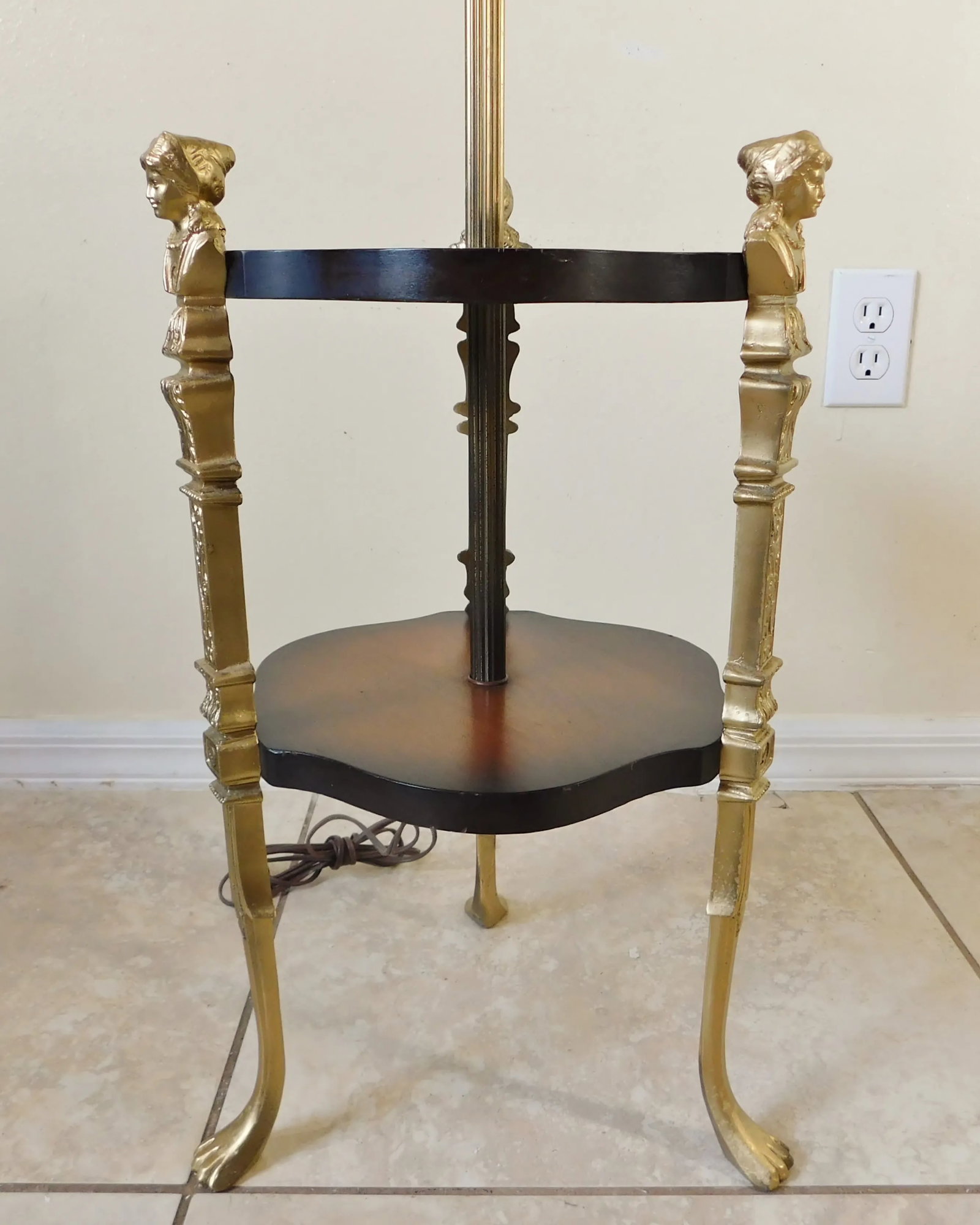 Vintage Mid Century Solid Brass Figural Woman Claw Foot Mahogany Wood Floor Lamp Table - 6