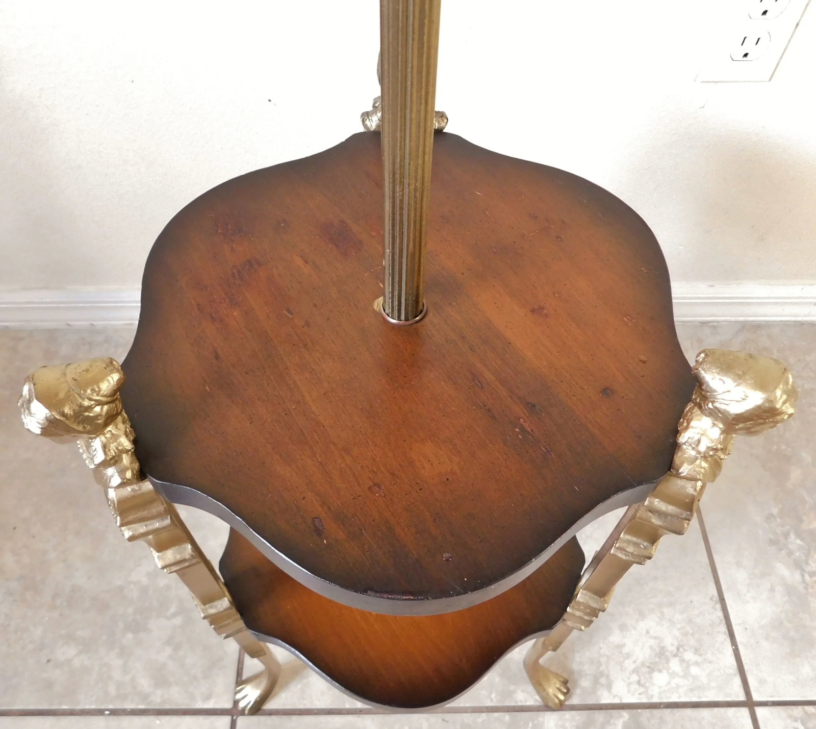 Vintage Mid Century Solid Brass Figural Woman Claw Foot Mahogany Wood Floor Lamp Table - 7