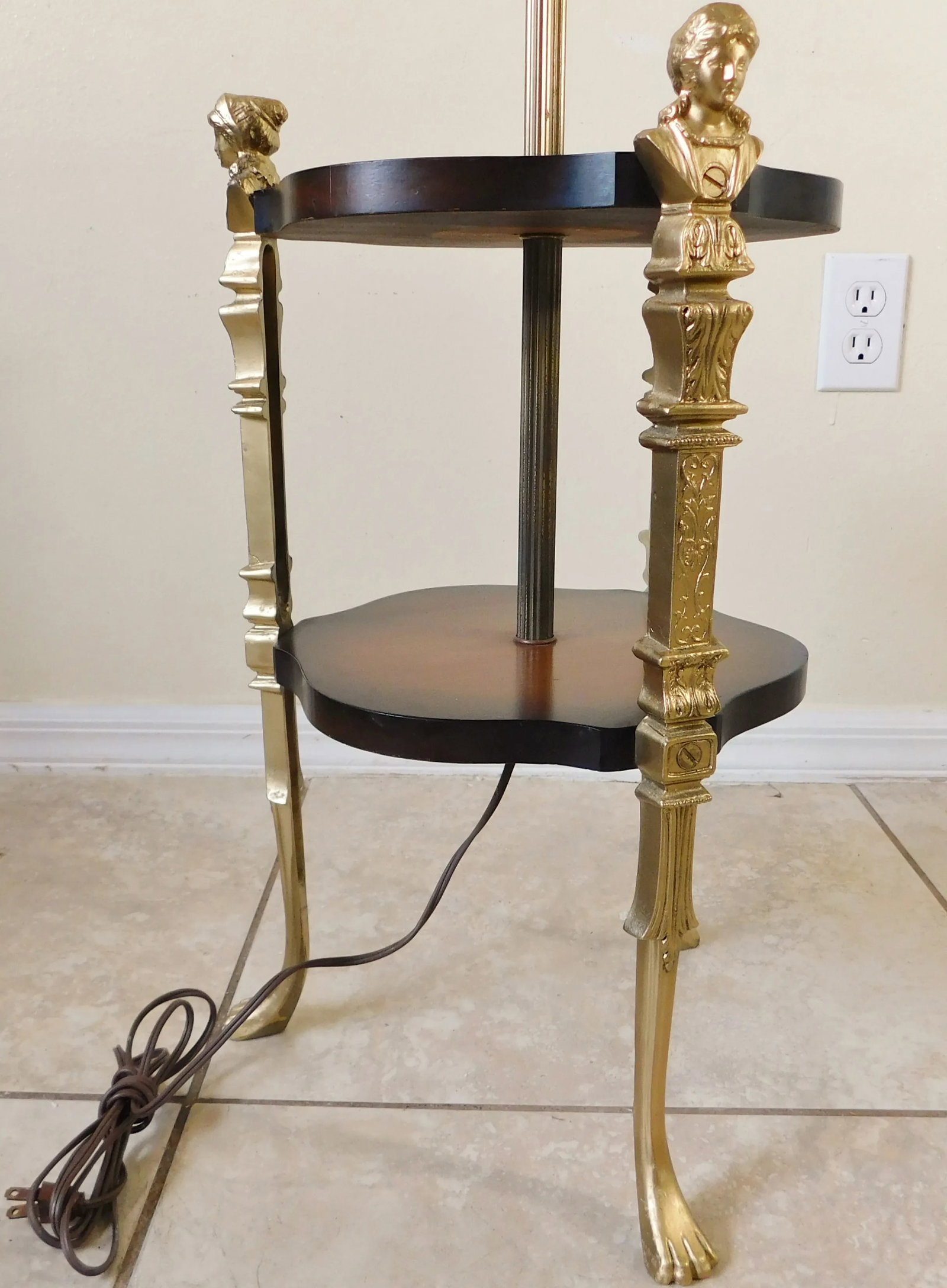 Vintage Mid Century Solid Brass Figural Woman Claw Foot Mahogany Wood Floor Lamp Table - 9