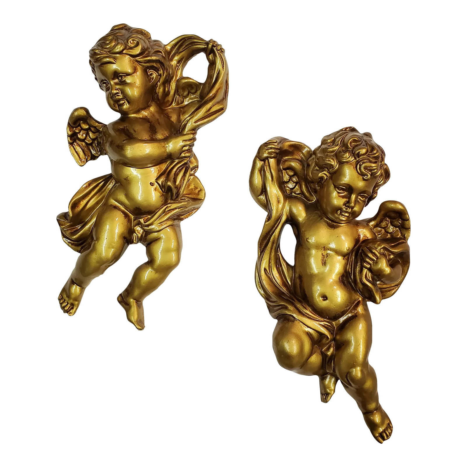 Vintage Gold Norcrest Cherubs, a Pair: A pristine pair of gold, mid-century, cherubs made by the Norcrest company which was in operation from 1958 thru 1990s. Made of plaster with a beautiful rich antique gold finish that is a little