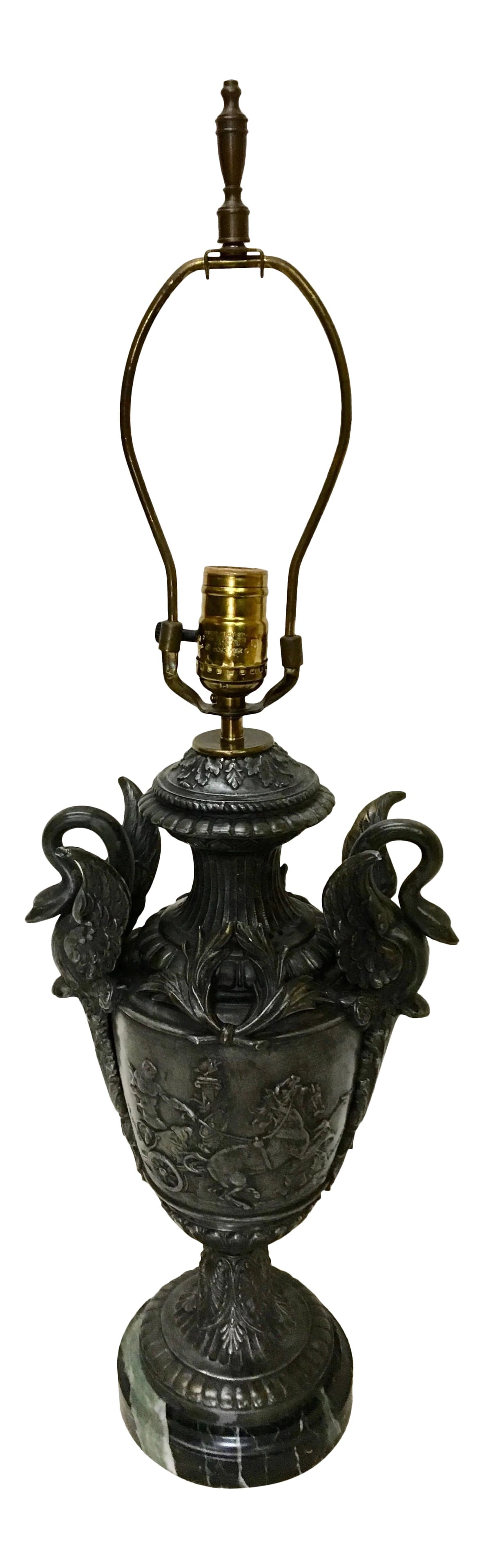1920s Vintage Classical Inspired Urn Lamp: Classical spelter urn lamp, marble base, circa 1920, signed "Picaud", (Emile Louis Picaud, 1833-1915) listed French sculptor. 20" height is to the top of the socket. Condition: Alterations: Original D