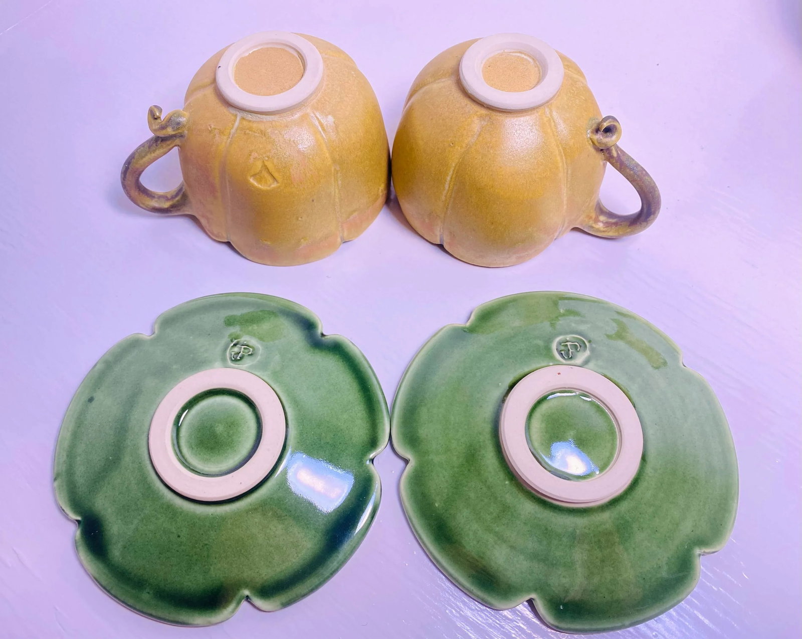Vintage Signed Artistic Ceramic Tea Service Love Set - Teapot, Creamer, Sugar and 2 Cups and 2 Sauce - 10