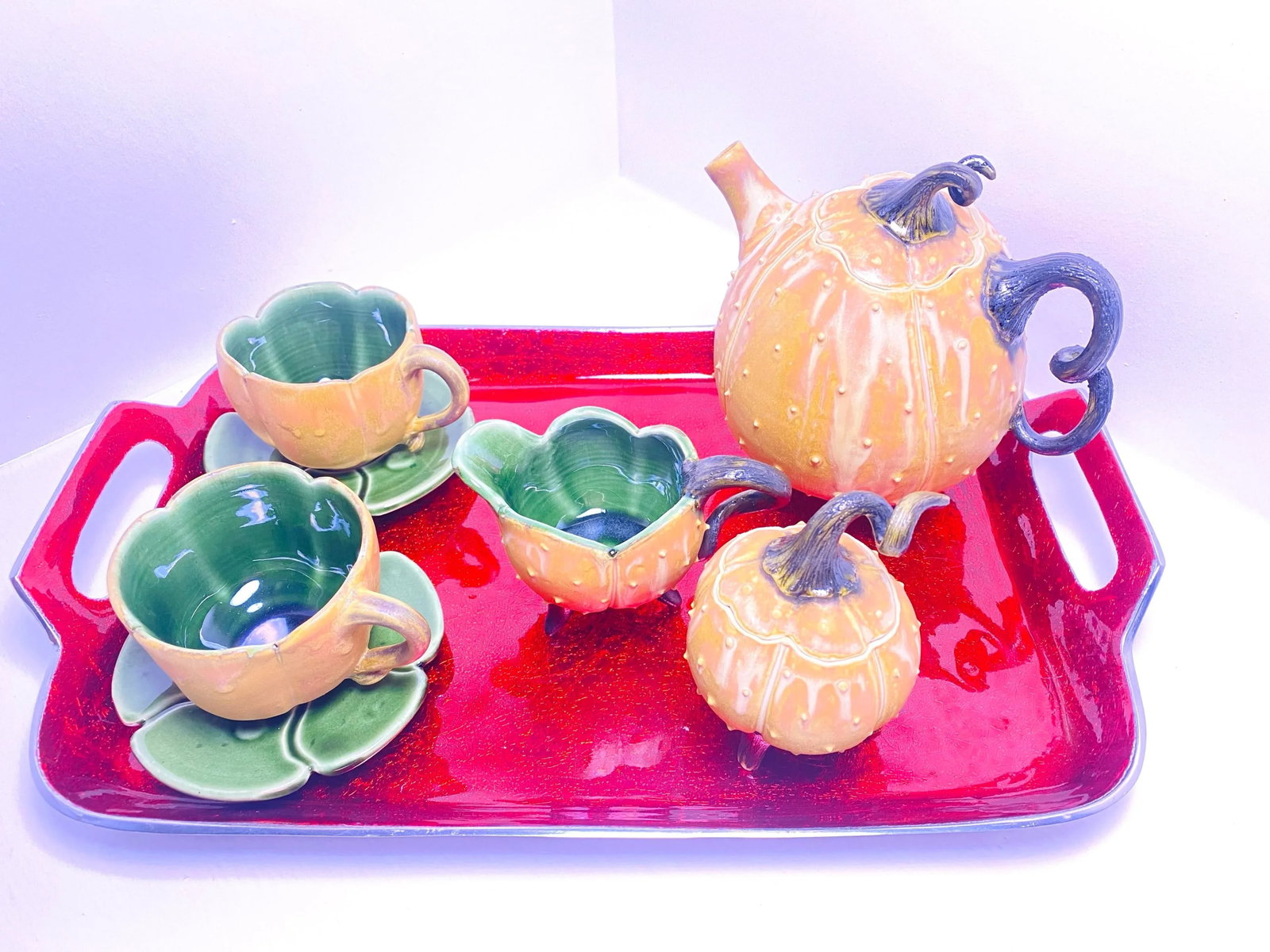 Vintage Signed Artistic Ceramic Tea Service Love Set - Teapot, Creamer, Sugar and 2 Cups and 2 Sauce - 12
