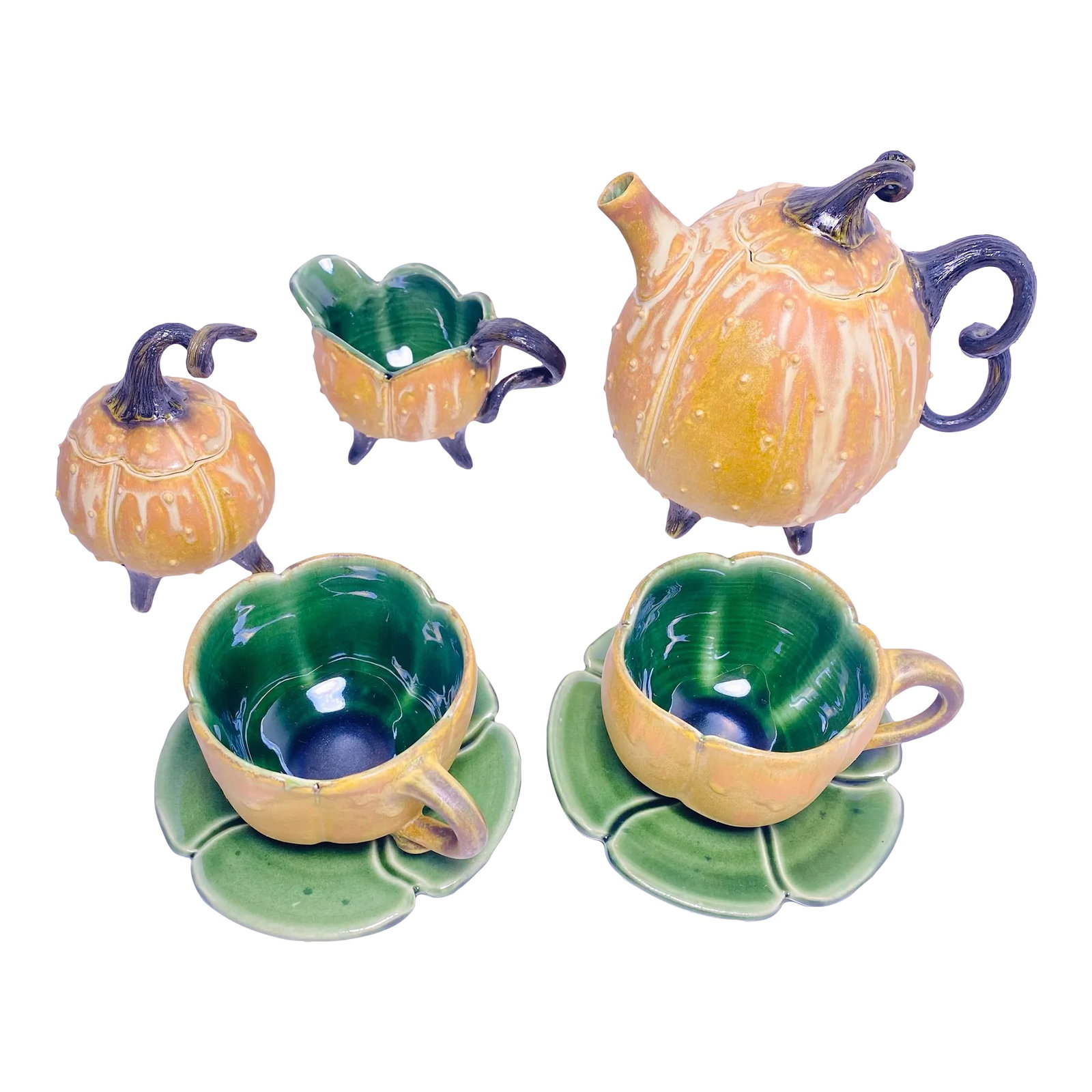 Vintage Signed Artistic Ceramic Tea Service Love Set - Teapot, Creamer, Sugar and 2 Cups and 2 Sauce (1 of 12)