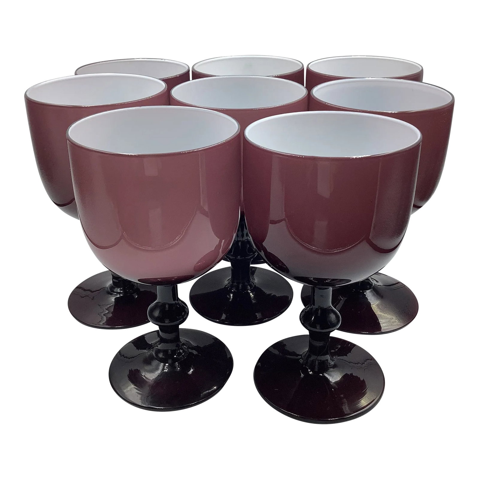 Vintage Carlo Moretti Italy Purple White Cased Glass Wine Glasses - Set of 8: A gorgeous set of 8 vintage 60s Murano Carlo Moretti purple cased wine glasses/goblets. The amethyst color is so elegant and rich. They measure 6" x 3 1/4". They are in excellent vintage condition.