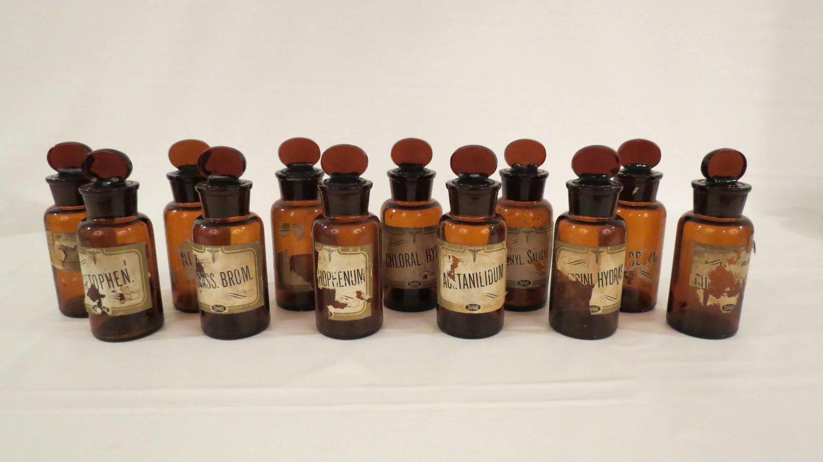 Antique Labeled Glass Lidded Amber Apothecary Bottles - Set of 12 - 10