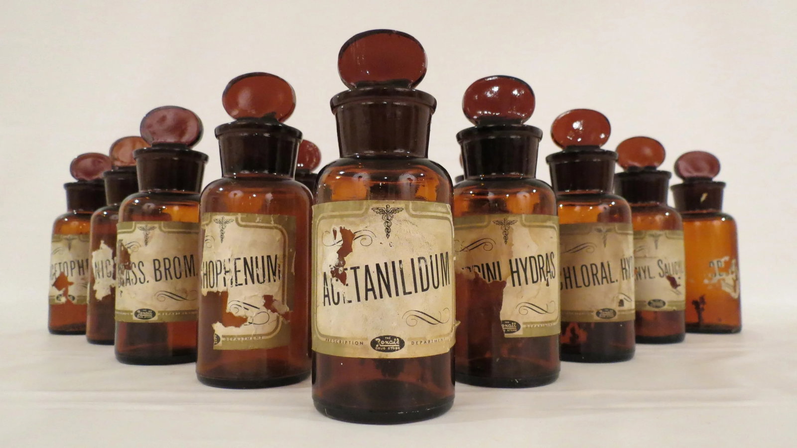 Antique Labeled Glass Lidded Amber Apothecary Bottles - Set of 12 - 11