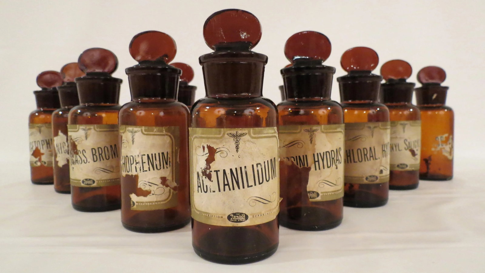 Antique Labeled Glass Lidded Amber Apothecary Bottles - Set of 12 - 2