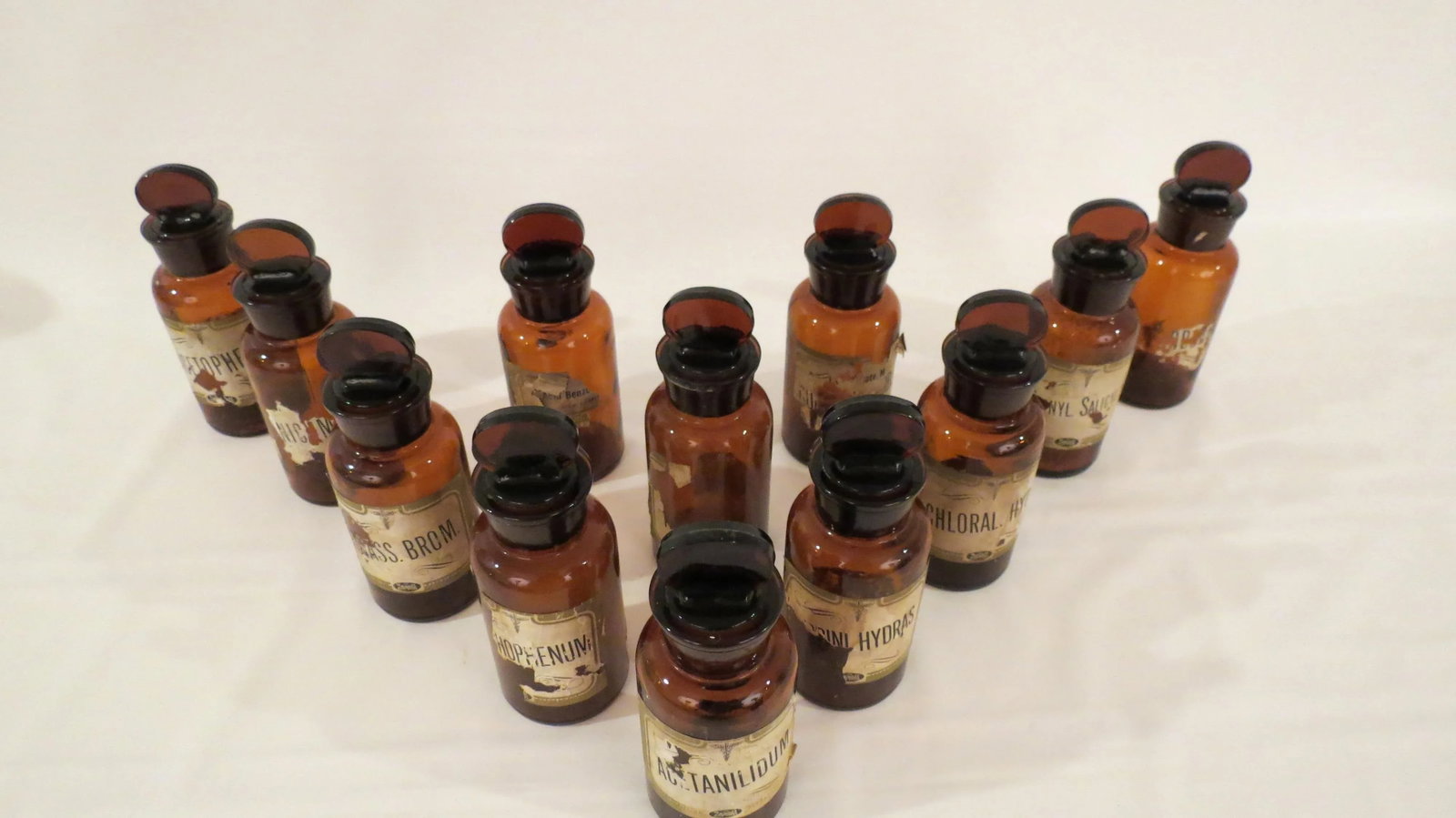 Antique Labeled Glass Lidded Amber Apothecary Bottles - Set of 12 - 3