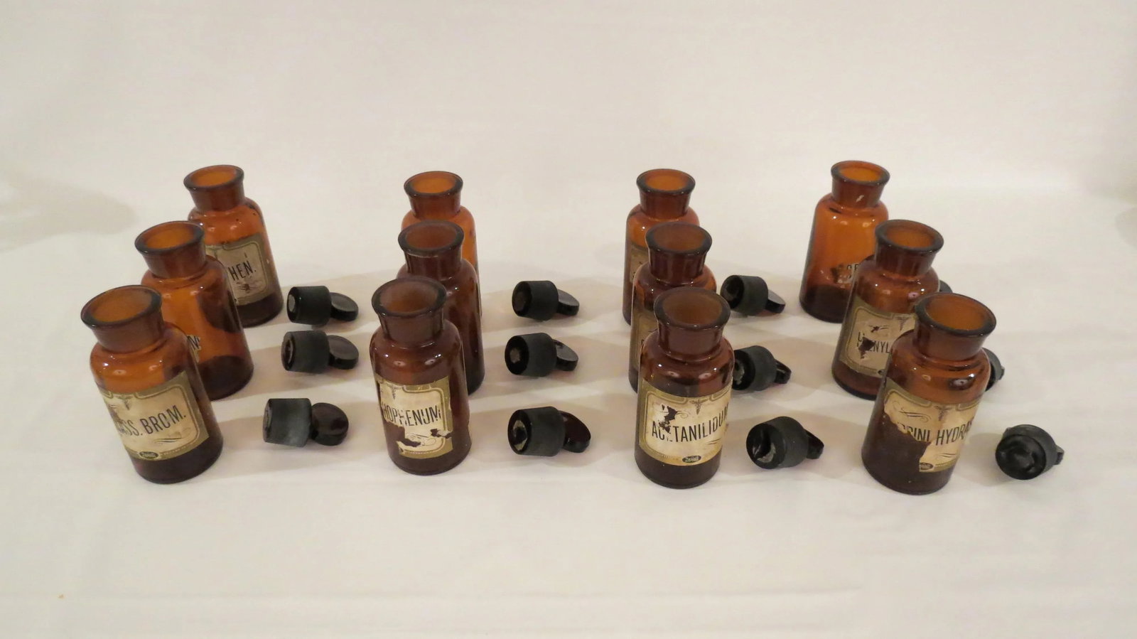 Antique Labeled Glass Lidded Amber Apothecary Bottles - Set of 12 - 4