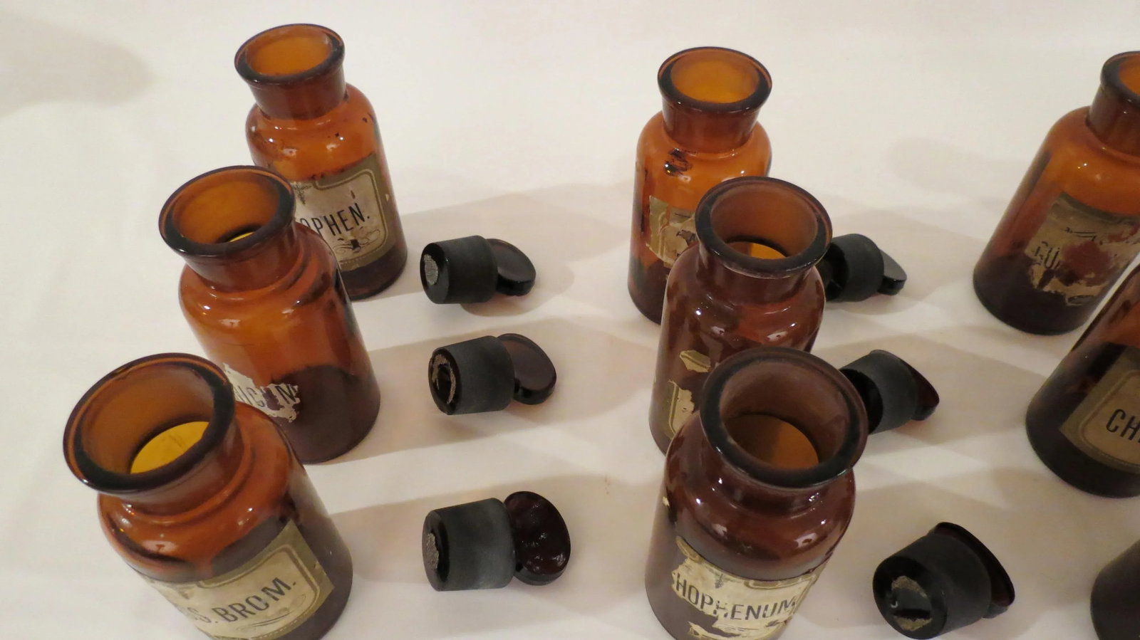 Antique Labeled Glass Lidded Amber Apothecary Bottles - Set of 12 - 5