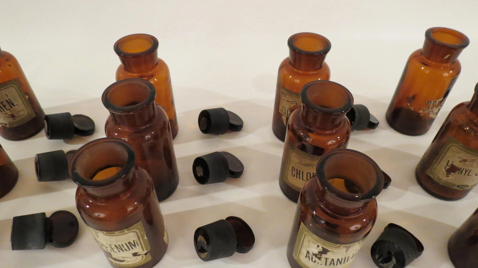 Antique Labeled Glass Lidded Amber Apothecary Bottles - Set of 12 - 6