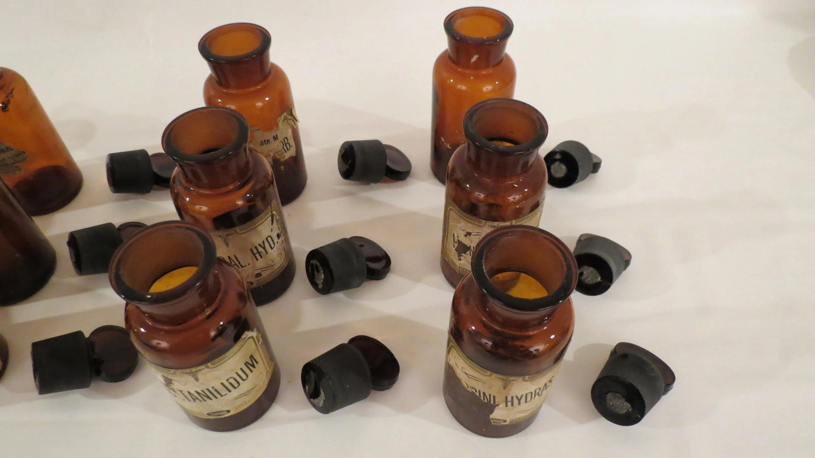 Antique Labeled Glass Lidded Amber Apothecary Bottles - Set of 12 - 7
