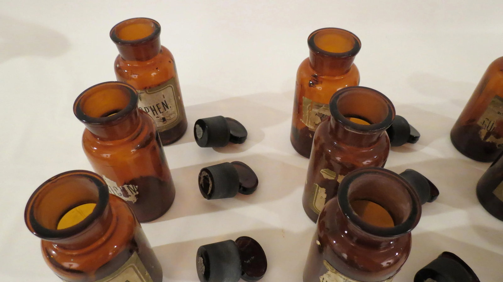 Antique Labeled Glass Lidded Amber Apothecary Bottles - Set of 12 - 8