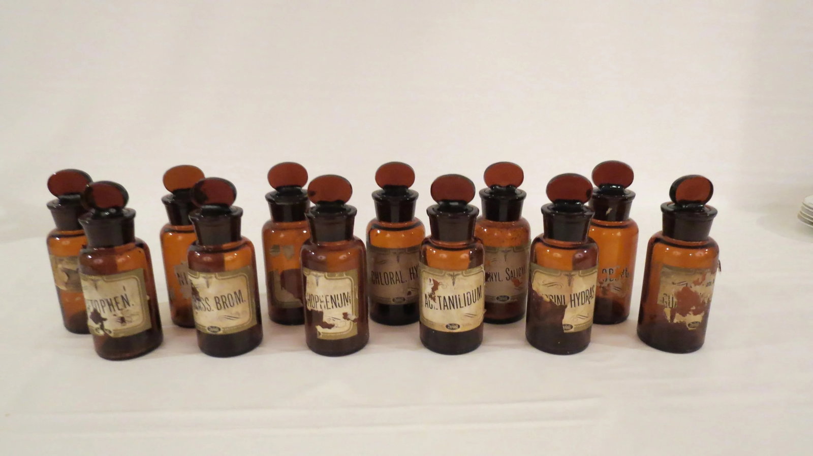 Antique Labeled Glass Lidded Amber Apothecary Bottles - Set of 12 - 9