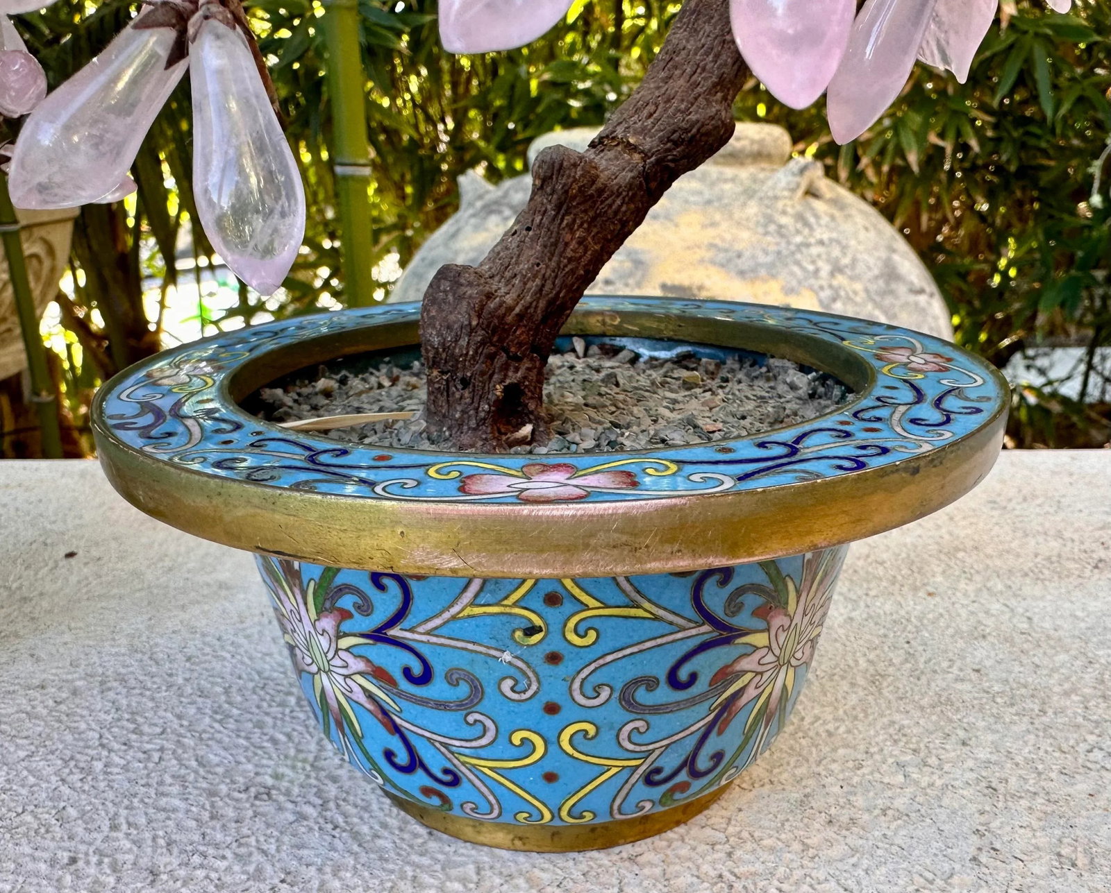 Pair of Antique Chinese Jade Stone Bonsai Trees Magnolia Blossoms Enamel Gilt Bronze Cloisonne Plant - 12