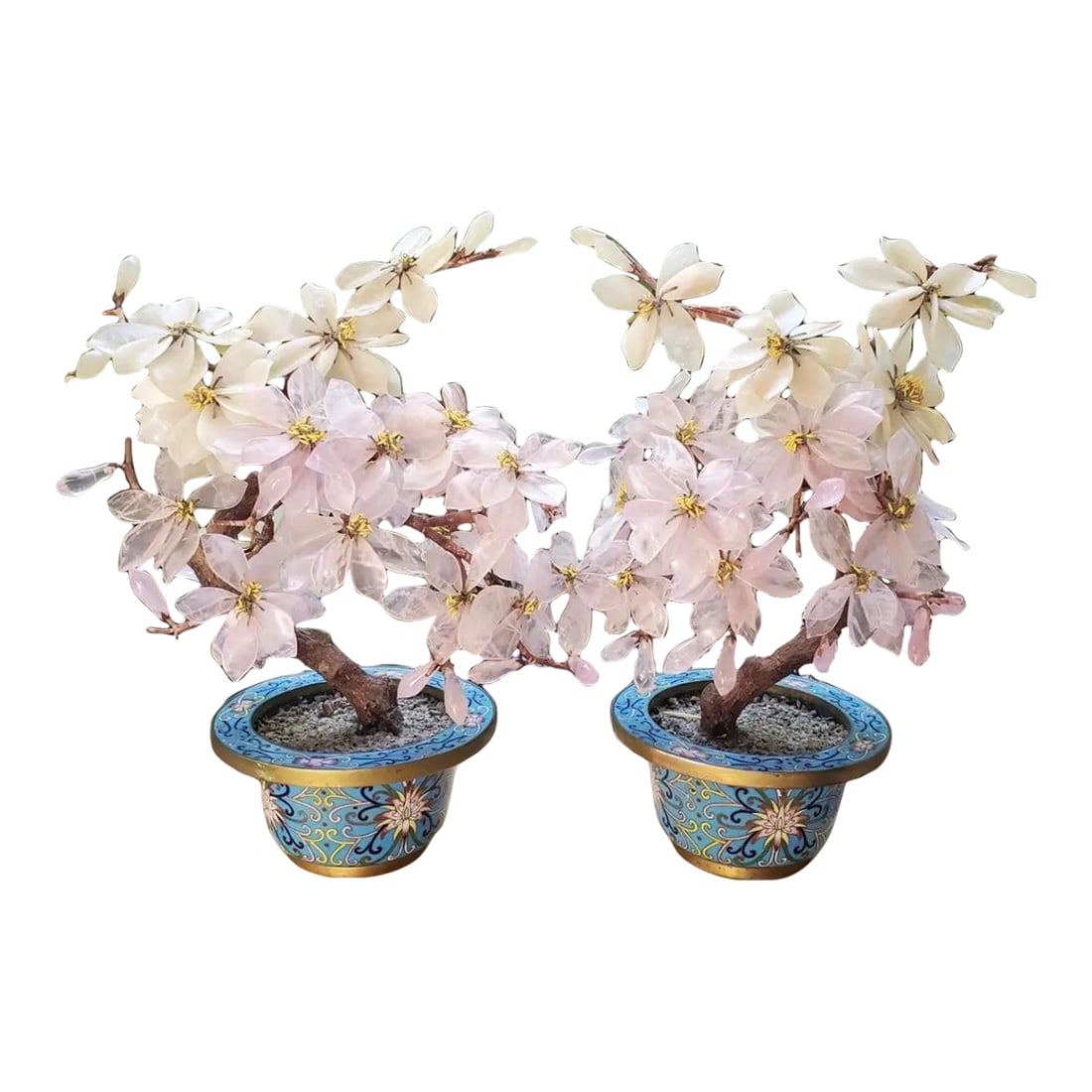 Pair of Antique Chinese Jade Stone Bonsai Trees Magnolia Blossoms Enamel Gilt Bronze Cloisonne Plant (1 of 12)