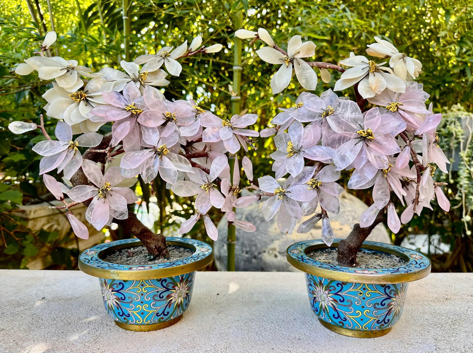 Pair of Antique Chinese Jade Stone Bonsai Trees Magnolia Blossoms Enamel Gilt Bronze Cloisonne Plant - 2