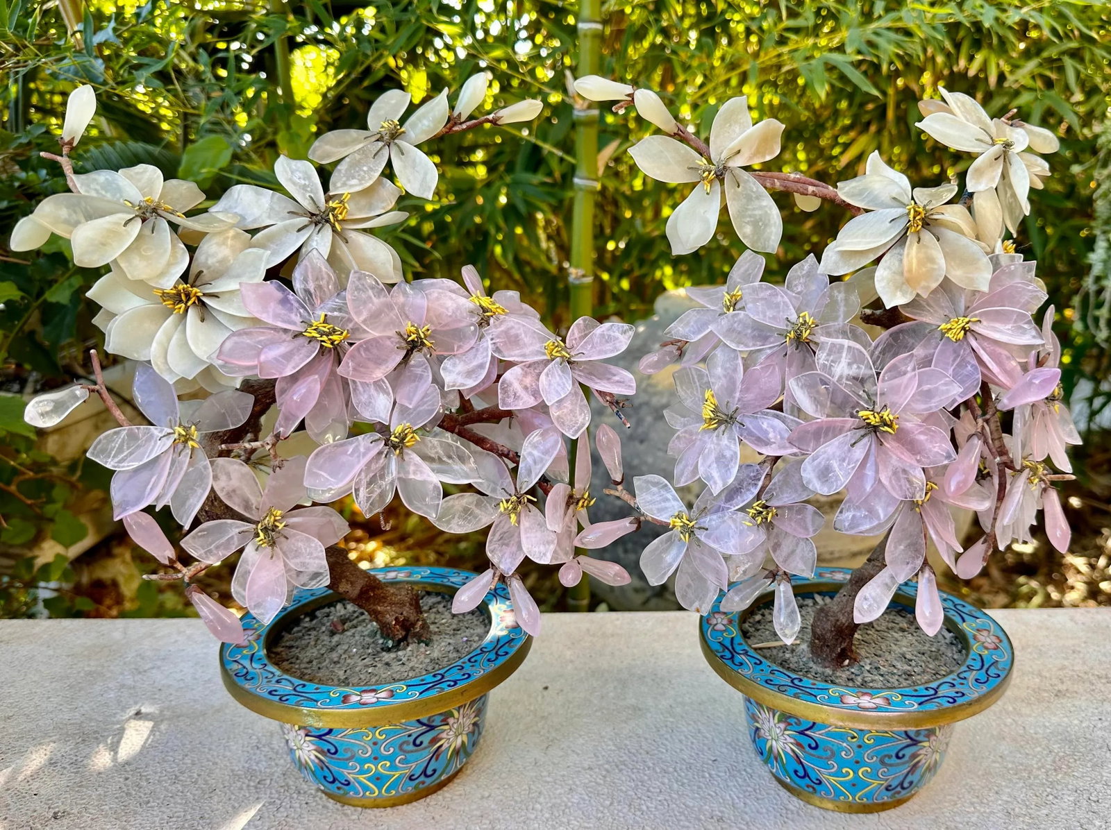Pair of Antique Chinese Jade Stone Bonsai Trees Magnolia Blossoms Enamel Gilt Bronze Cloisonne Plant - 3