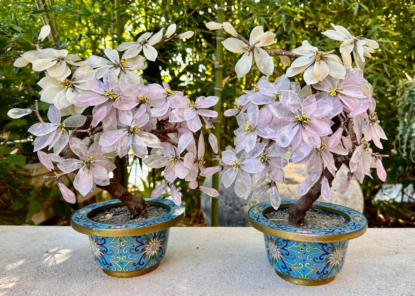 Pair of Antique Chinese Jade Stone Bonsai Trees Magnolia Blossoms Enamel Gilt Bronze Cloisonne Plant - 4