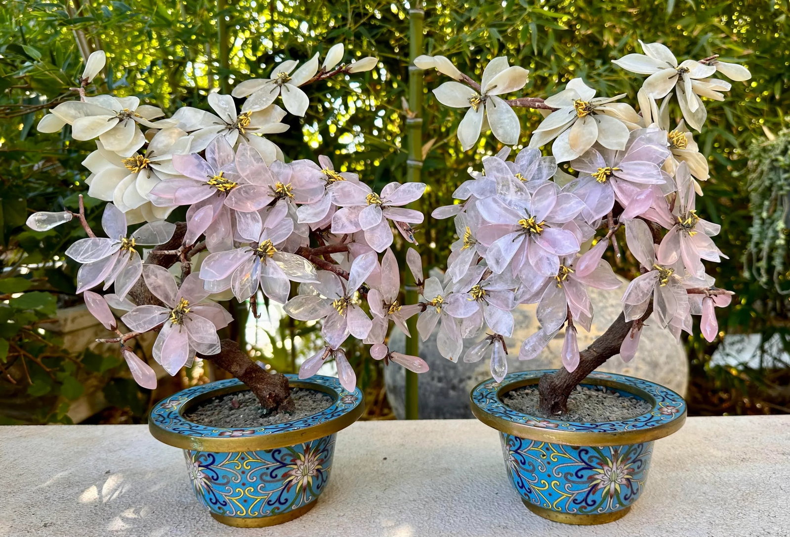 Pair of Antique Chinese Jade Stone Bonsai Trees Magnolia Blossoms Enamel Gilt Bronze Cloisonne Plant - 6