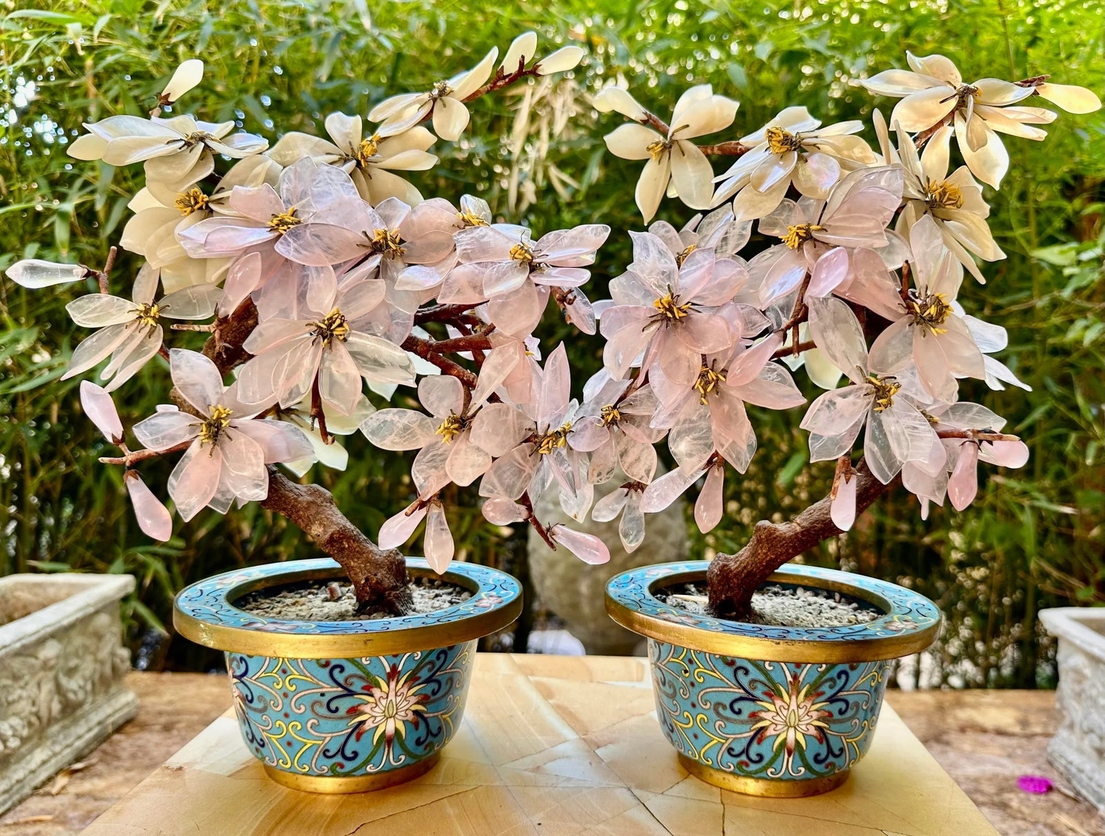 Pair of Antique Chinese Jade Stone Bonsai Trees Magnolia Blossoms Enamel Gilt Bronze Cloisonne Plant - 7